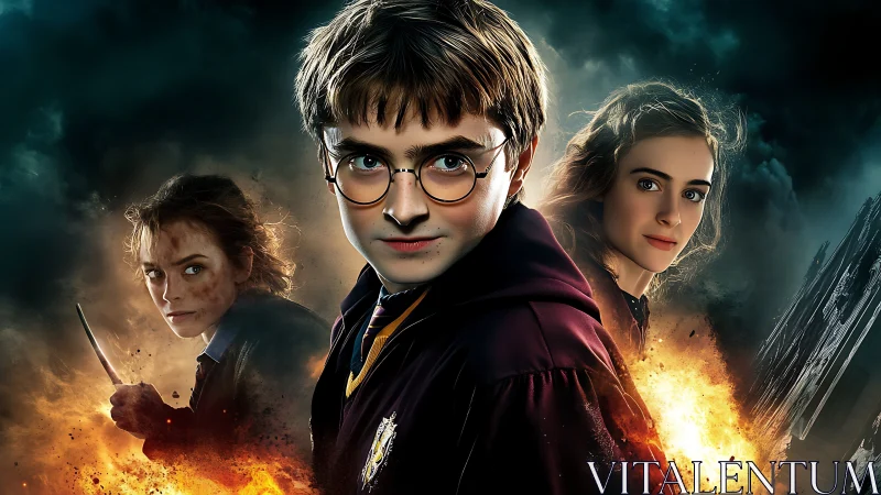 Young wizard trio stands amid firelit storm of looming danger