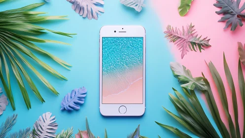 White iPhone Surrounded by Tropical Leaves and Flowers.