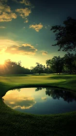 Sunlit golf green mirrored in a tranquil twilight pond.