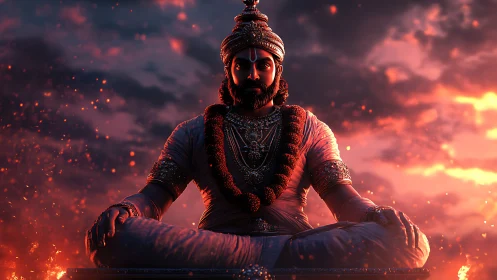 3D regal yogic portrait in fiery atmospheric symmetry.