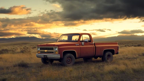 Vintage orange pickup truck rests in golden prairie sunset