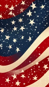 Stylized American flag waves with glowing star clusters