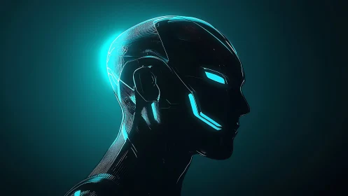 Futuristic cybernetic head in teal neon side profile.