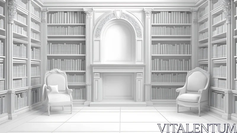 Monochrome neoclassical library interior with twin chairs.