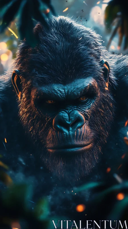 Midnight jungle monarch studies the intruder with firelit eyes