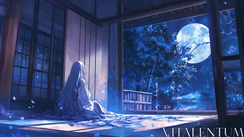 Girl in kimono gazes toward full moon beyond open shoji