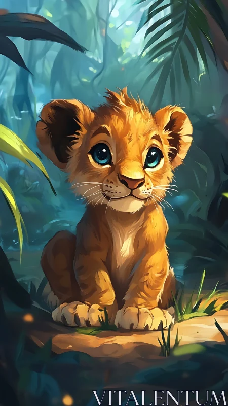 Wide-eyed lion cub in glowing jungle clearing portrait.