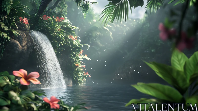 Sunlit jungle waterfall beside vibrant tropical blooms.