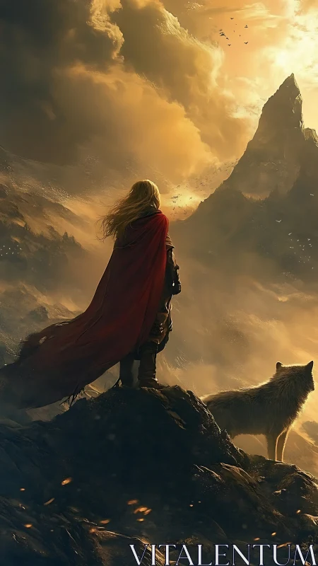 Lone cloaked wanderer and wolf face a stormlit mountain peak