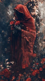 Shrouded figure in crimson cloak surrounded by roses.