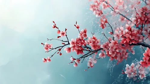 Cherry Blossom Branches: Soft-Focus Floral Study Against Turquoise.