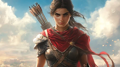 Armored female archer in red cloak under bright sky.