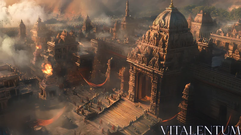 Ancient sandstone temple city under siege and burning