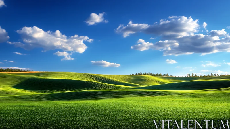 Sunlit green fields with rolling hills under scattered clouds.