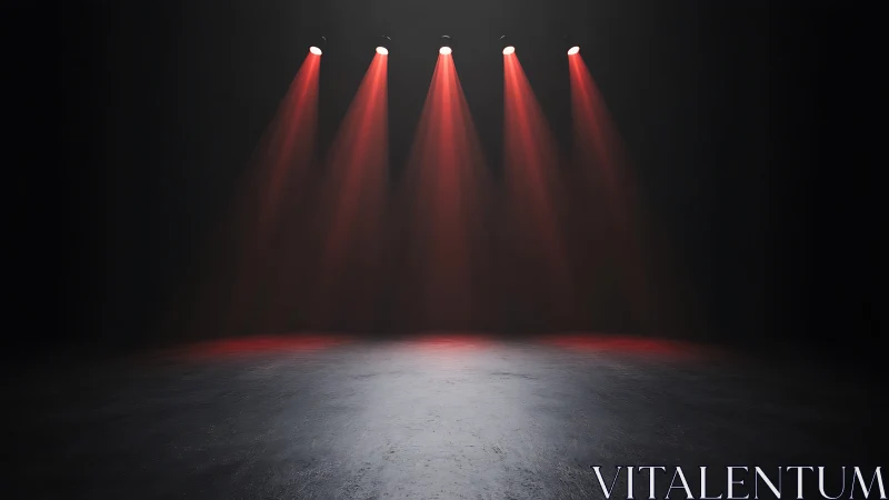 Red stage spotlights casting dramatic beams on floor.