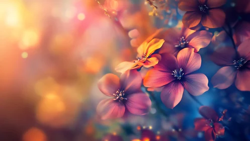 Vibrant macro flowers glow in dreamy bokeh light field.