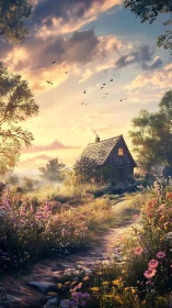 Sunlit wildflower path winding toward a quiet storybook cabin.