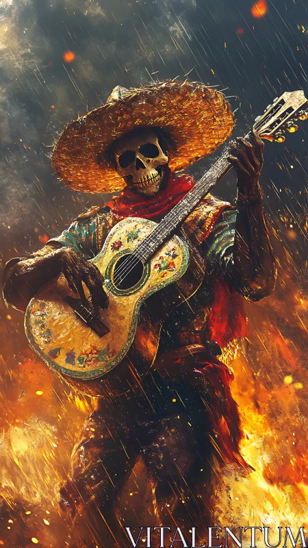 Fiery skeletal guitarist strumming bold desert melodies.