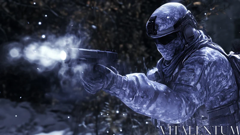 Snowbound tactical hero framed in a burst of winter light.