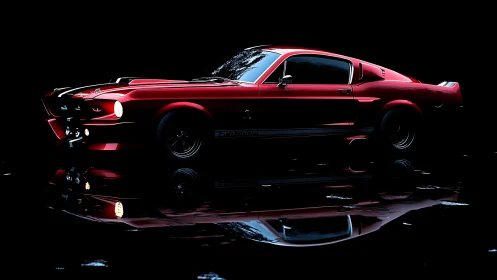 Sleek red muscle car glows against a dark reflective backdrop