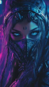 Fierce cyberpunk guardian with glowing eyes and neon light.