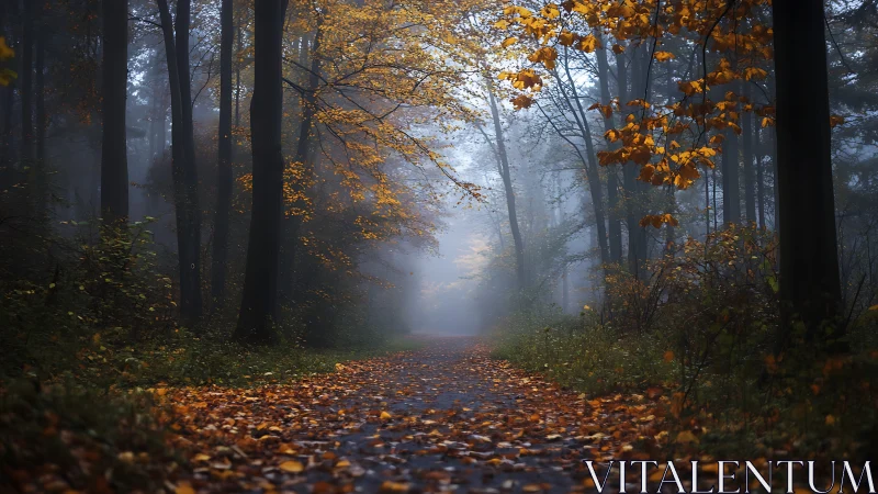 Mist-shrouded forest path lined with amber autumn foliage.