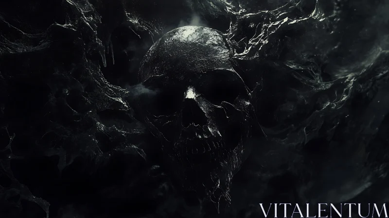 Eroded skull emerges from swirling void of dark mist.