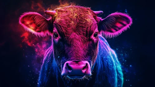 Neon cow portrait glows within cosmic nebula light field.