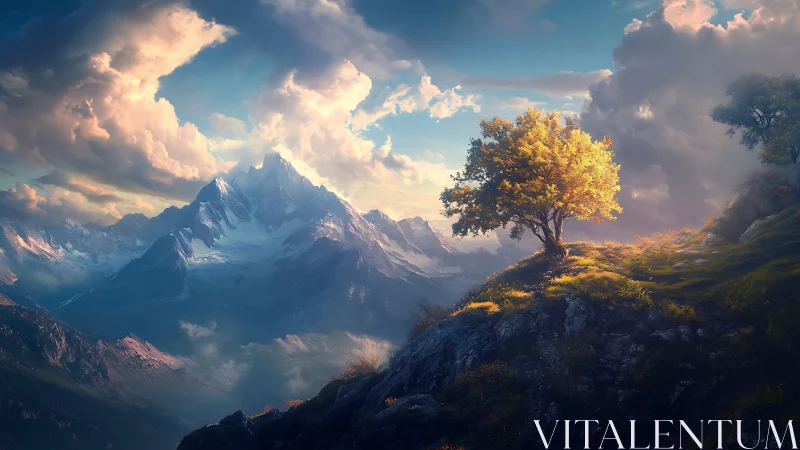 Backlit tree crowns alpine ridge under volumetric sunset clouds