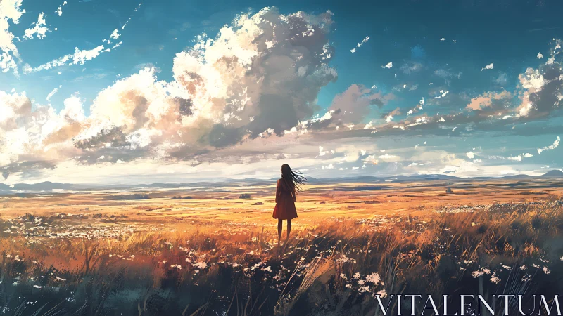 Girl standing in golden field under soft, endless sky.