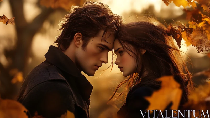 Autumn Romance: Two Souls Connect in Golden Leaf-Strewn Moment