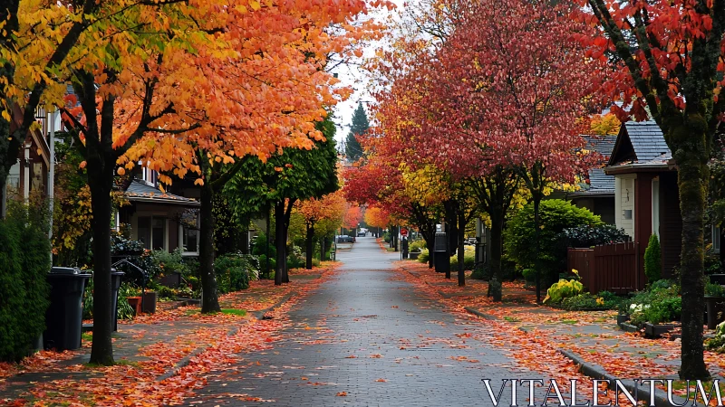 Quiet suburban avenue under vivid autumn foliage canopy.