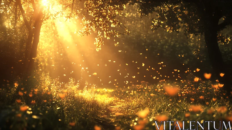 Magical sunlit forest path with glowing golden leaves, dreamy style.