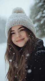 Soft winter smile brightens a gentle snowfall moment outdoors