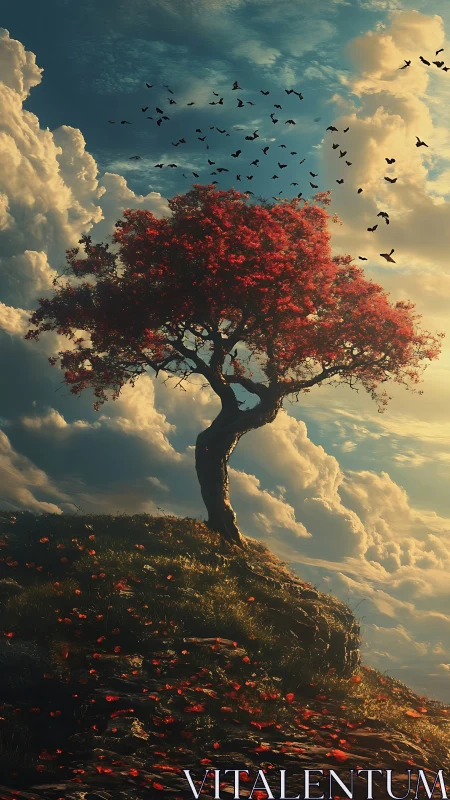 Lone crimson tree crowns cliff above glowing cloud sea.