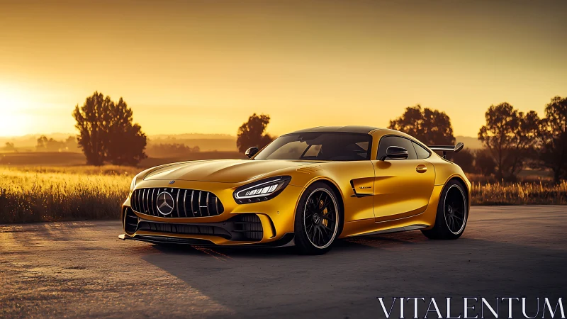 Yellow sports coupe on rural road at sunset landscape scene.