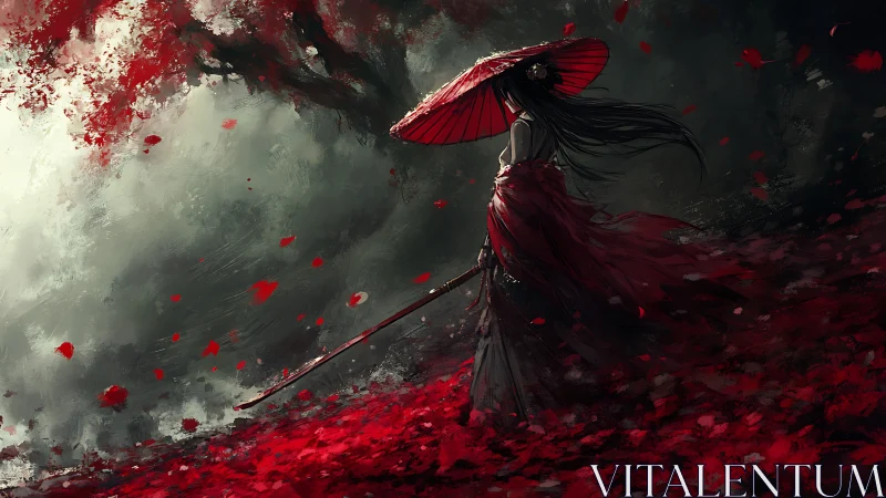 Digital painting of red-clad samurai woman in storm of petals.