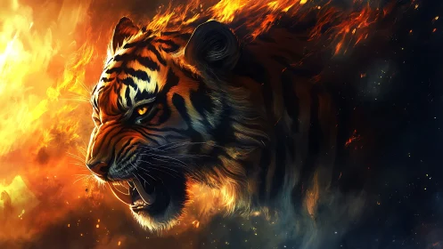 Infernal tiger roar suspended between flame and darkness.
