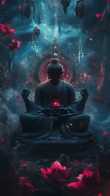 Celestial lotus monk guarding a crimson cosmic heartbeat.