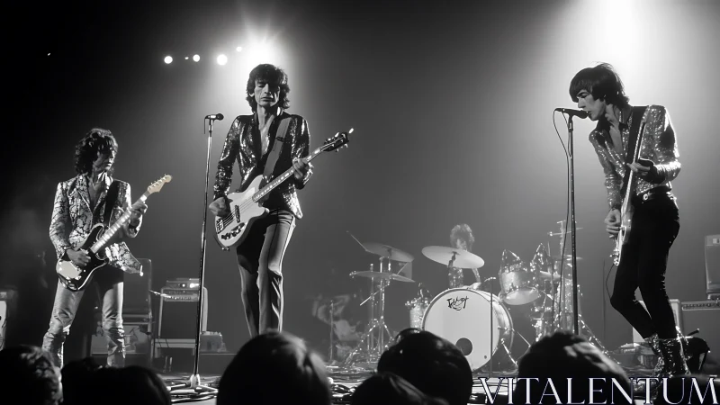 Monochrome rock band performing under high contrast stage lighting