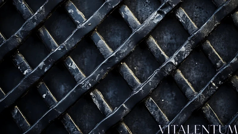 Close-up of Worn Black Metal Grid with Industrial Texture.