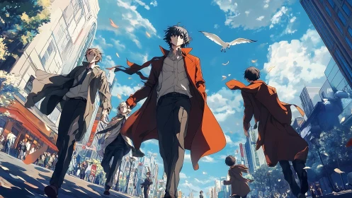 Urban anime youths stride through sunlit city avenue.