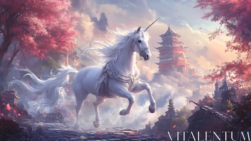 Unicorn crossing a dreamlike temple valley at sunrise.
