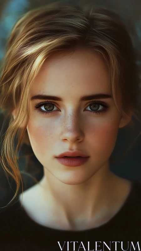 Digital portrait shows young woman with luminous hazel eyes