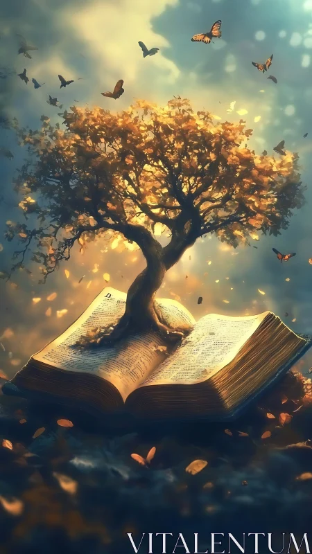 Golden storybook tree grows from open pages in light.