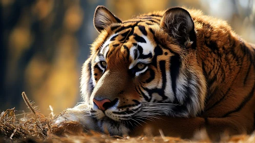 Resting tiger lies in warm golden light of quiet forest.