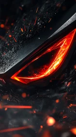 Molten red cybernetic eye slit rendered with high contrast lighting