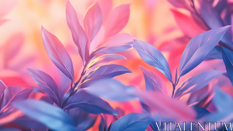 Iridescent foliage against soft pink and orange bokeh glow.
