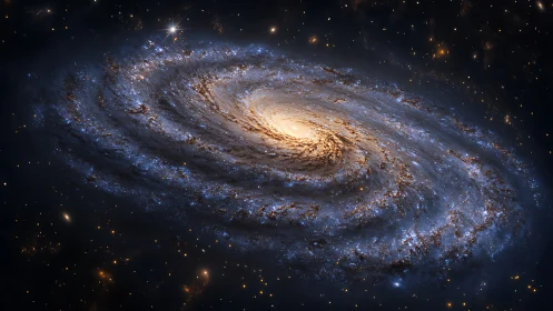 Spiral galaxy rendered with bright core and star clusters