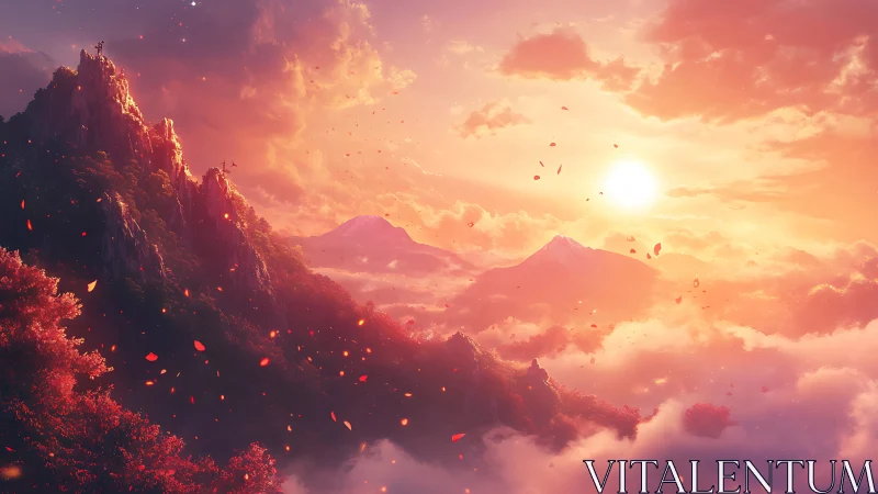 Sunlit mountain range above clouds with floating red leaves.